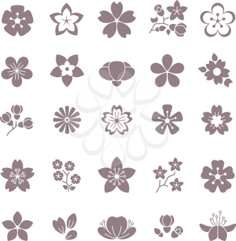 Simple flower, floral graphic vector icons set. Silhouette of flowers, illustration blossom flower