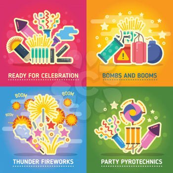 Crackers, fire show, holiday party, pyrotechnics festival vector concepts. Festival with salute, set of banner party and firework illustration