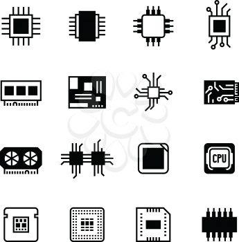 Computer electronic chips, motherboard, hardware processor vector. Set of computer processor icons, illustration of chip processor