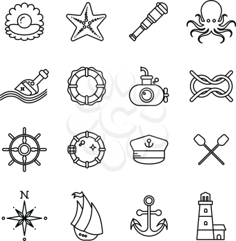 Marine, sea, nautical thin line vector icons. Nautical boat and nautical lighthouse illustration