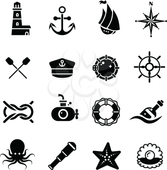 Marine, sea, nautical, pirate, maritime vector retro icons. Black white marine symbols illustration