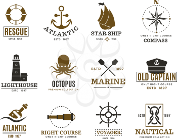 Vintage nautical, marine sailing, sea vessel vector labels, badges, logo. Sea marine logo, atlantic sea label illustration