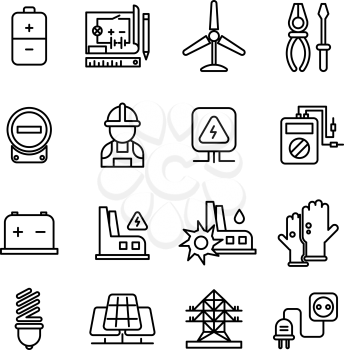 Electricity industry, electrical engineering vector line icons. Energy power electrical industry, building electrical station illustration
