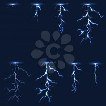 Lightning, thunderbolt fx animation frames sprite vector illustration. Electricity thunderbolt danger, light electric powerful thunder bolt
