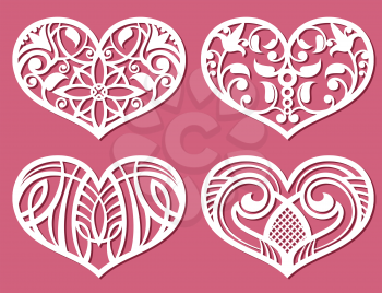 Laser printing romantic lacy wedding hearts with carved pattern vector. Set of paper pattern in shape of heart for decoration wedding illustration
