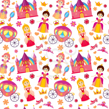 Beautiful princess vector seamless pattern, magic background for girls with princess medieval castle abd colored flower illustration