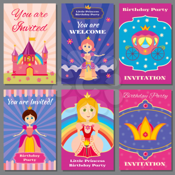Child girl birthday, princess party vector invitations set. Template of card invitation, set of page birthday invitation illistration