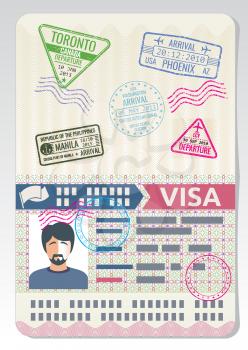Open custom passport with visa stamps. Business travel vector concept. Passport with visa for border crossing illustration