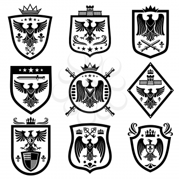 Medieval eagle heraldry coat of arms, emblems, badges. Monochrome heraldic emblem with eagle on shield illustration