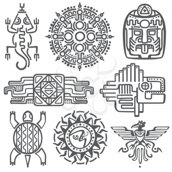 Ancient mexican vector mythology symbols. american aztec, mayan culture native totem patterns. Aztec and mexican tattoo, illustration of mayan symbol tattoo