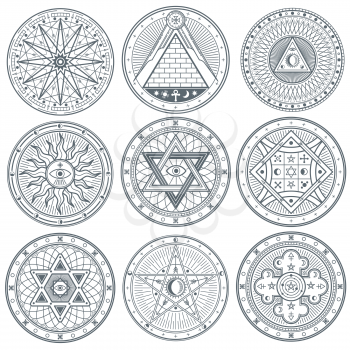 Mystery, witchcraft, occult, alchemy, mystical vintage gothic vector tattoo symbols. Mystical masonic symbols set illustration
