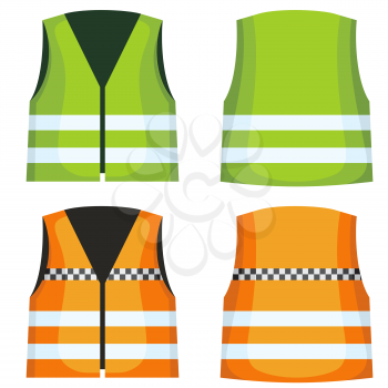 Safety road vest, waistcoat with reflective stripes vector set. Vest jacket fot work on road illustration