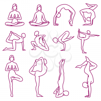 Yoga poses vector silhouettes, pilates fitness female exercises. Set of yoga poses, illustration of outline woman body in pose yoga