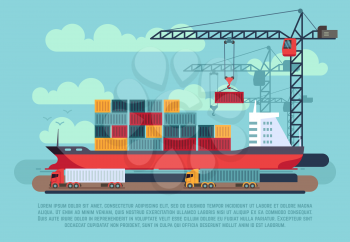 Transport cargo sea ship loading containers by harbor crane in shipping port vector illustration. Ship in sea port, cargo ship with container