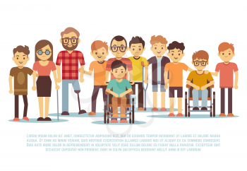 Disabled child, handicapped children, diverse students in wheelchair vector set. Group of disabled people, illustration of tolerance for people with disabilities