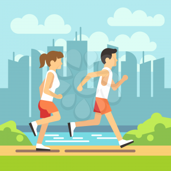 Jogging sport people, athletic running man and woman. Vector healthcare concept. Man and woman running on path in park, illustration of people running