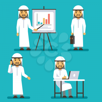 Arab man vector character in different business situations. Arabian business man presentation graphic, illustration of arab man manager work
