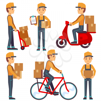 Delivery service man with boxes vector characters set. Courier delivers parcel on moped or bicycle. Illustration of courier delivery services