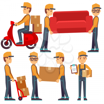 Man carrying boxes, delivery service people vector set. Man courier with package, courier transportation container or sofa illustration
