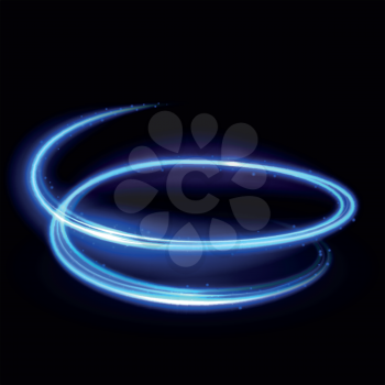 Blue vector light whirlpool, luminous swirling, glowing spiral background. Neon swirling light and bright glowing trail light illustration