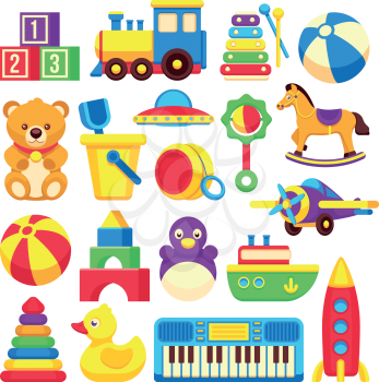 Kids toys cartoon vector icons collection. Colorful toys of set, illustration toy horse and duck