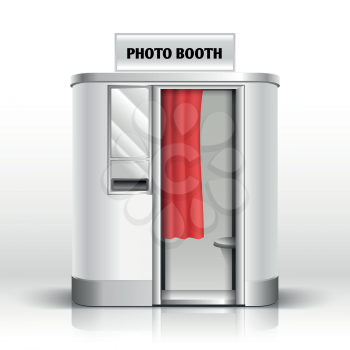 Photo booth cabin, digital kiosk for passport photo, family wedding photo vector illustration. Photobooth kiosk automatic photography