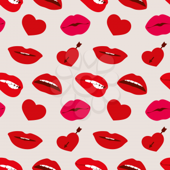 Red woman lips and hearts vector seamless pattern. Kiss and love illustration