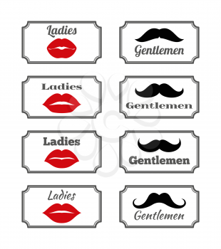 Ladies and gentlemen bathroom symbols. Vector lips and mustache. Hipster elements illustration