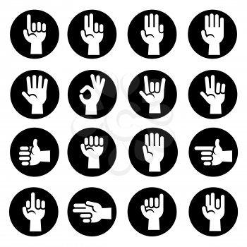 Hands gestures vector icons set in black and white. Communication symbol illustration