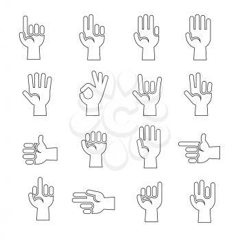 Line art hands gestures vector icons set in black and white illustration