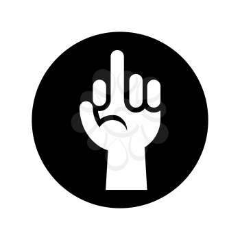 Hand showing middle finger gesture icon in black over white. Symbol of communication design illustration