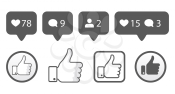 Thumb up, like icons, follower comment icons vector set. Sign for communication illustration