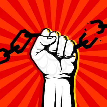 Breaking chain protest, rebel vector poster. Human hand breaking chain illustration