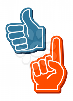 Colorful foam fingers vector set. Human thumb up sign illustration