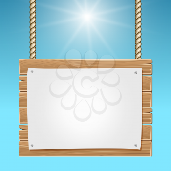 Hanging wooden blank sign board blue sky. Wood board with blank paper sheet illustration