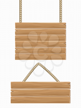 Hanging vector wooden blank sign boards isolated over white. Wood texture plank illustration