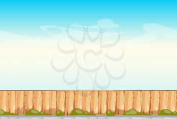 Rural wooden fence against blue sky vector background. Illustration of wood fence