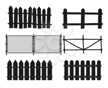 Rural wooden fences, pickets vector silhouettes. Wood design straight fence illustration