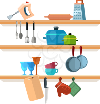 Kitchen shelves with cooking tools and hanging pots vector illustration. Interior of kitchen shelf, utensil and equipment for kitchen