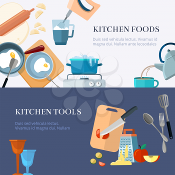 Kitchen utensils, cooking, home made food, kitchenware vector banners set. Kitchen tools and food illustration