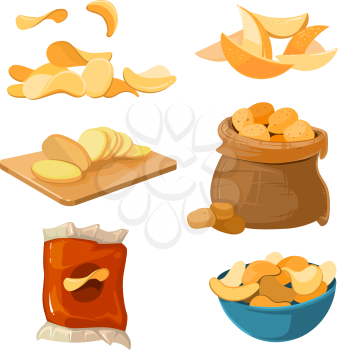 Salty fried potato chips snacks vector set. Delicious and harmful chips. Ilustration of packaging chips