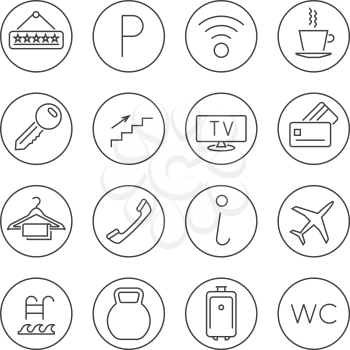 Hotel services line thin vector. Set of icons for hotel service, illustration signs parking and internet hotel services