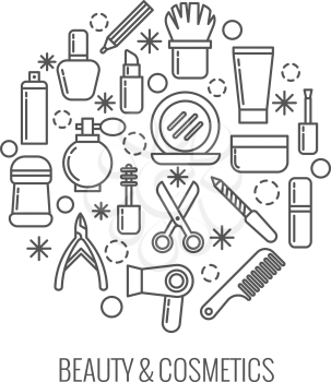 Beauty and cosmetics thin outline vector icons in circle design for female, accessories for care illustration