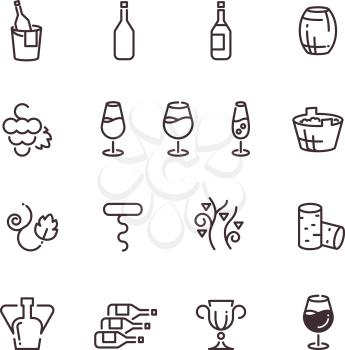 Wine sommelier winery thin line vector icons. Linear glass goblet and bottle illustration