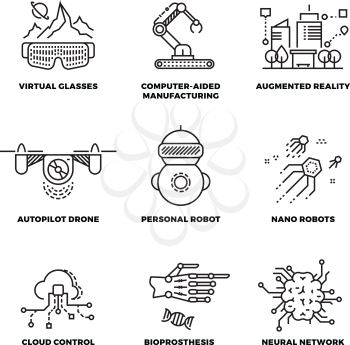 Future technology and robot artificial intelligence outline vector icons. Future machine in linear style, illustration new robot machine