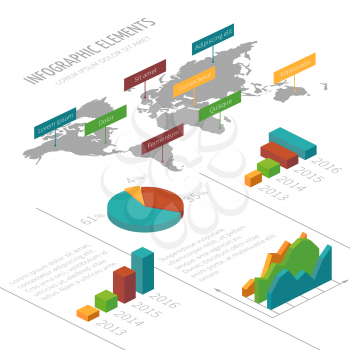 Vector infographic template with 3D isometric elements, world map and charts for business presentations. Report with growth diagram and graphic illustration