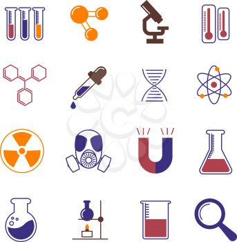 Color chemistry, research and science vector icons. Chemistry laboratory instruments and scientific experiments symbols