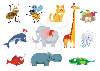 Zoo animals vector set. Wild isolated animal elephant and giraffe, illustration aniomals character hippo and dolphin