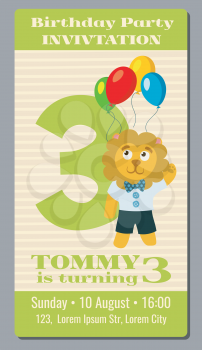 Birthday holiday greeting and invitation with cute lion vector card 3 years old. Banner birthday and invintation card to third birthday illustration