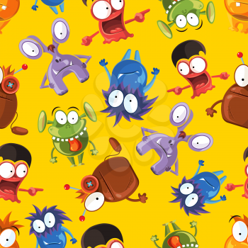 Vector seamless pattern with cute monsters. Funny monster characters on yellow background